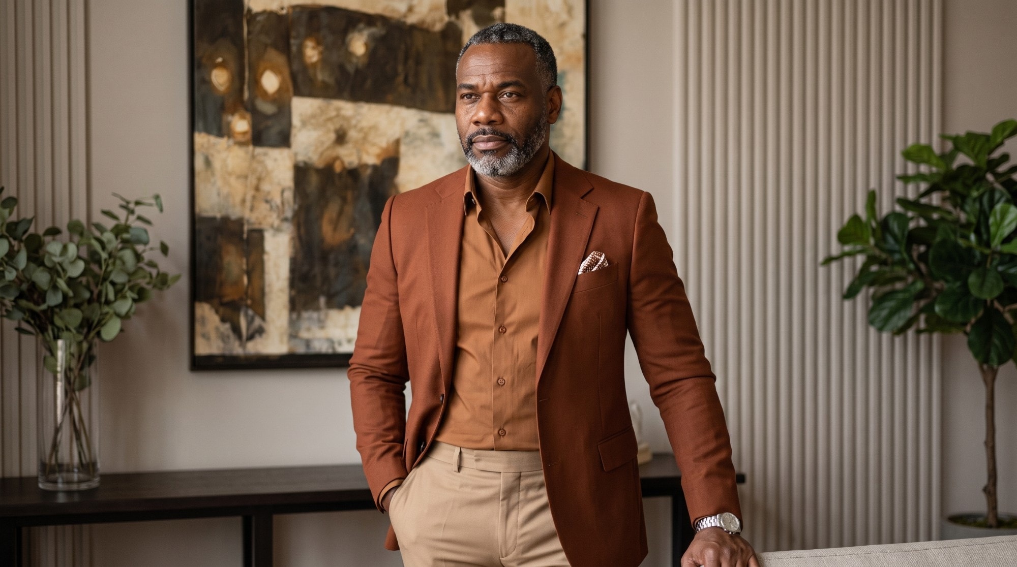 EhonB in a copper blazer, standing in a warmly lit room